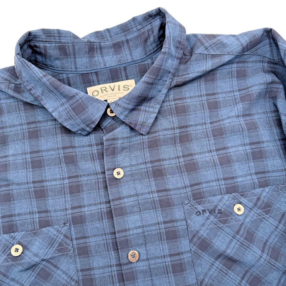 Orvis Button Down Shirt Mens‎ XL Blue Plaid Short Sleeve Polyester Tech Fishing
